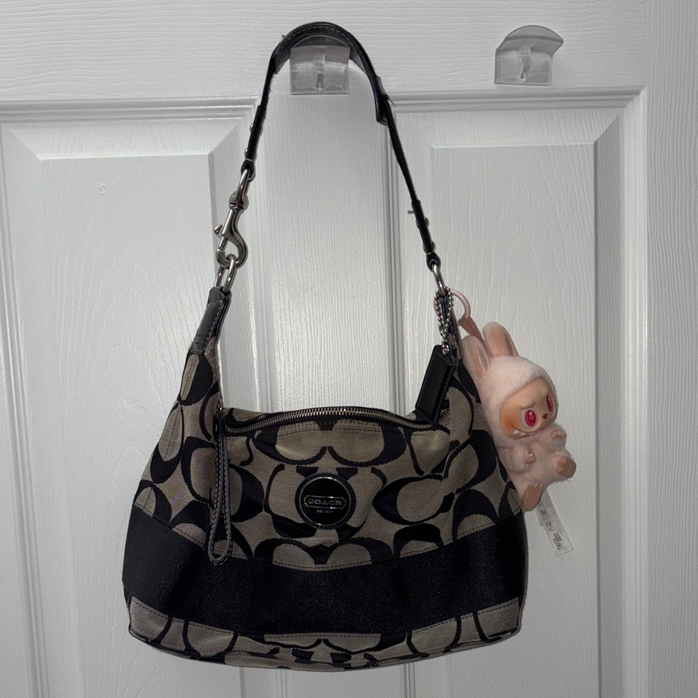 SOLD Coach Signature Black and Tan Shoulder Bag